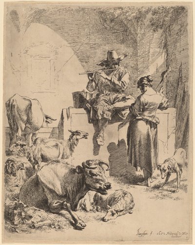 Der Hirte sitzt auf einem Brunnen und die Spinnerin von Nicolaes Pietersz Berchem
