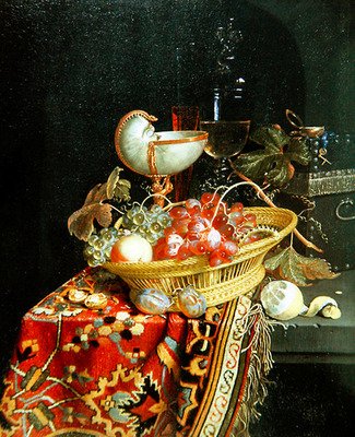 Ein Stillleben mit Früchten in einem Korb und einem Nautilus-Pokal von Nicolaes Van Gelder
