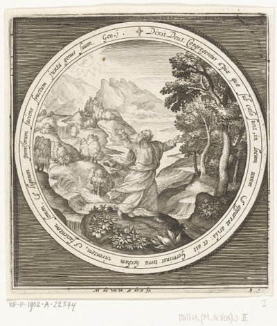 Dritter Schöpfungstag: Gott erschafft Land und Samen tragende Pflanzen und Bäume mit Früchten von Nicolaes de Bruyn