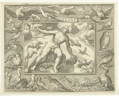 Element Luft als junger Mann auf Wolken zwischen fliegenden Vögeln von Nicolaes de Bruyn