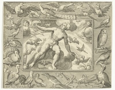 Element Luft als junger Mann auf Wolken zwischen fliegenden Vögeln (Aer) (Die vier Elemente) von Nicolaes de Bruyn