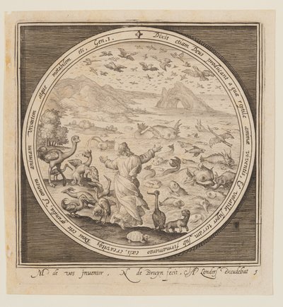 Fünfter Tag: Die Erschaffung von Vögeln und Fischen, von der Schöpfung bis zur Vertreibung aus dem Paradies von Nicolaes de Bruyn