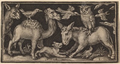 Eule auf dem Rücken eines Esels, Vogel auf dem Rücken eines Kamels mit anderen Tieren von Nicolaes de Bruyn