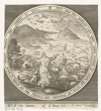 Fünfter Tag der Schöpfung: Gott erschafft Fische und Vögel von Nicolaes de Bruyn