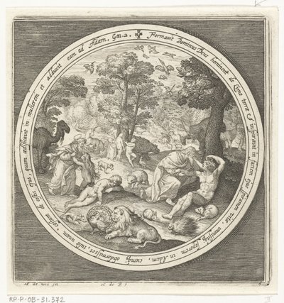 Sechster Tag der Schöpfung: Gott erschafft die Tiere und Adam und Eva von Nicolaes de Bruyn