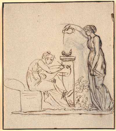 A genio lumen. Eine sitzende Frau schreibt, rechts von ihr gießt eine andere Frau Öl in eine Lampe von Nicolai Abildgaard