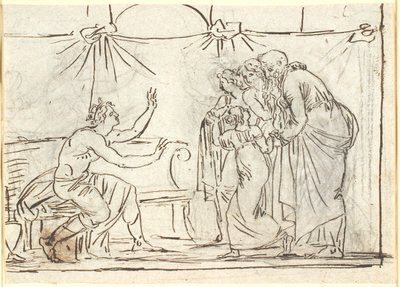 Antike Szene. Ein sitzender gekrönter Held spricht zu einer Gruppe von vier Figuren, darunter ein kleines Mädchen und ein alter Mann von Nicolai Abildgaard