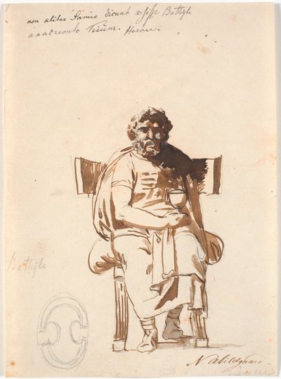 Batyllus, Schauspieler zur Zeit des Augustus, sitzend in einem schweren antiken Stuhl, en face, mit einem Becher in der Hand von Nicolai Abildgaard
