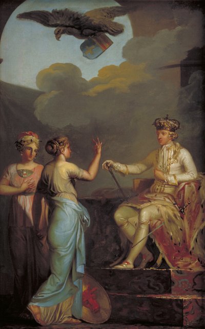 Christian VII. vereint den herzoglichen mit dem königlichen Teil von Holstein im Jahr 1773 von Nicolai Abildgaard
