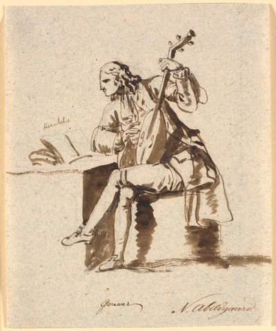 Der englische Dichter Gower, sitzend mit einer Laute an einem Tisch, auf dem Herodot aufgeschlagen liegt von Nicolai Abildgaard