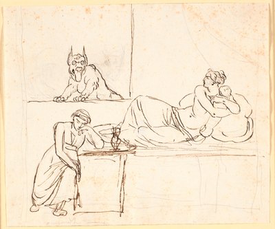 Eine Frau, die mit einem Säugling auf einem Bett liegt, sieht ein Ungeheuer im Fenster erscheinen. Am Fußende des Bettes sitzt eine schlafende Frau von Nicolai Abildgaard