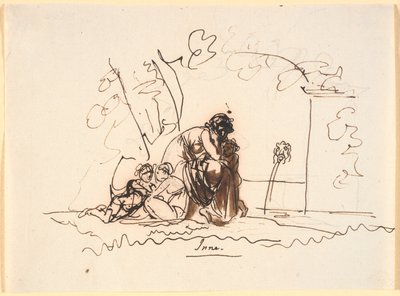 Eine Frau, die an einer Quelle mit drei kleinen Kindern sitzt von Nicolai Abildgaard