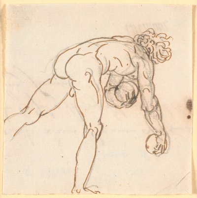 Ein laufender nackter Mann (Kegelspieler?) mit Steinen in den Händen, halb von hinten gesehen von Nicolai Abildgaard