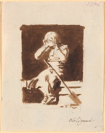 Ein kleiner weinender Junge, der mit einem Spaten oder Ruder am Rand eines Bootes sitzt (?) von Nicolai Abildgaard