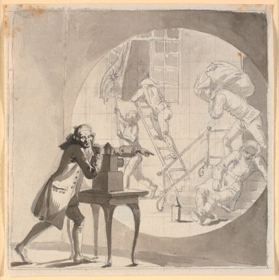 Ein Mann mit einer Laterna Magica zeigt einen Diebstahl, der vor der Nase des schlafenden Wächters stattfindet von Nicolai Abildgaard