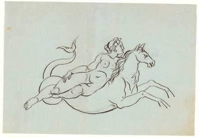 Eine nackte Frau liegt lässig auf einem Seepferdchen von Nicolai Abildgaard