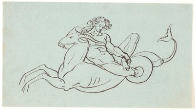 Ein nackter Mann liegt auf einem Fischschwanz-Ziegenwesen von Nicolai Abildgaard