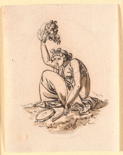 Eine sitzende Frau, die eine Maske hoch über ihren Kopf hebt von Nicolai Abildgaard