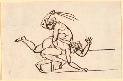 Eine sitzende nackte Figur, die eine Rute gegen das nackte Gesäß einer Frau schwingt von Nicolai Abildgaard