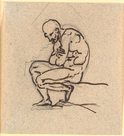 Ein sitzender, gebeugter nackter Mann im Profil nach links von Nicolai Abildgaard