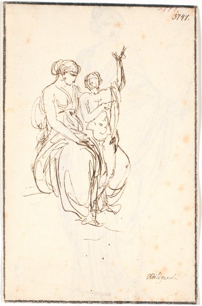 Sitzende junge Frau mit einem stehenden nackten Jungen, der einen Arm in die Luft streckt von Nicolai Abildgaard