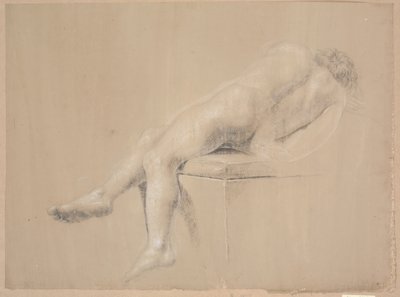 Halbliegendes Modell auf hohem Sockel mit Kissen. Von hinten gesehen. Beine hängen über den Sockel von Nicolai Abildgaard