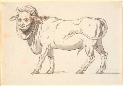 Karikatur einer geistlichen Person, in Gestalt eines Stiers mit Menschengesicht und Halskrause von Nicolai Abildgaard