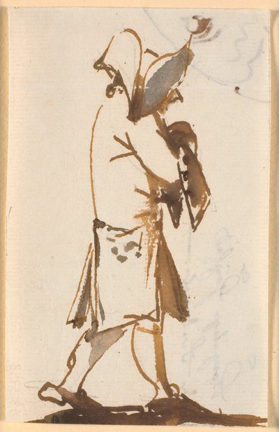 Karikatur eines gehenden Mannes mit dreieckigem Hut, im Profil nach rechts von Nicolai Abildgaard
