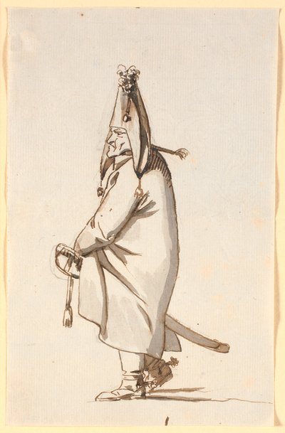 Karikatur eines Militärs in langem Mantel, reitend auf seinem Säbel wie auf einem Steckenpferd von Nicolai Abildgaard