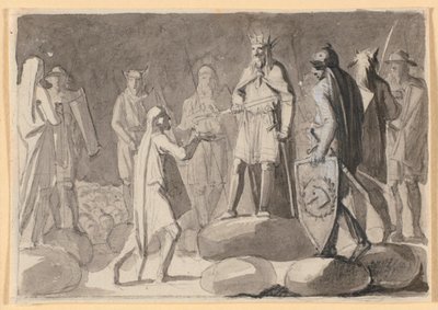Kompositionsentwurf; ein König, umgeben von Kriegern auf einem Thingplatz, verleiht einem Mann das Ritterschwert von Nicolai Abildgaard