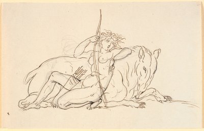 Frauenfigur mit Pfeilen und Köcher, sitzend an ein Fantasietier gelehnt (möglicherweise ein Ameisenbär). Allegorie auf Amerika von Nicolai Abildgaard