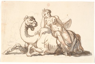 Frauenfigur mit Turban und Halbmond, sitzend an ein fantastisches Kamel gelehnt. Allegorie auf Asien von Nicolai Abildgaard