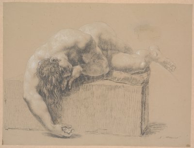 Liegendes Modell auf einem Sockel mit Kissen. Nach rechts. Rechter Arm hängt über den Sockel. Linker Arm unter dem Kopf. Langes herabhängendes Haar von Nicolai Abildgaard