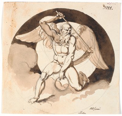 Samstag. Figur des geflügelten Mannes der Zeit oder des Todes, mit einer Sense in der einen Hand und einem geschlossenen Ring in der anderen von Nicolai Abildgaard
