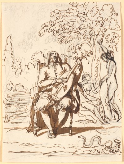 Milton, sitzend mit einer Laute, en face, im Hintergrund der Sündenfall von Nicolai Abildgaard