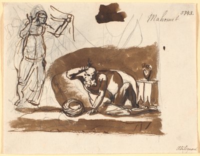 Muhamed, sitzend zwischen Kissen, links eine Frauenfigur von Nicolai Abildgaard