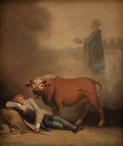 Niels Klim denkt, er hört den Diakon, als er von einem Stier geweckt wird von Nicolai Abildgaard
