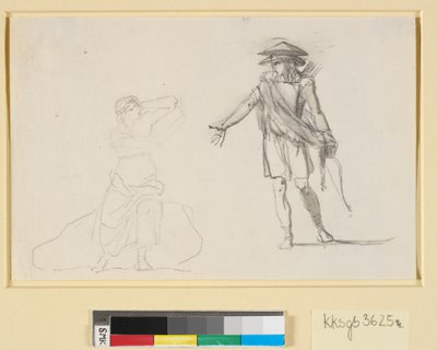 Szene zwischen zwei Figuren. Links eine sitzende Frau mit entblößtem Oberkörper, rechts ein gehender Mann mit Bogen und Köcher von Nicolai Abildgaard