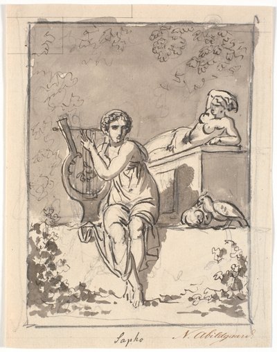 Sappho, sitzend mit ihrer Lyra, im Hintergrund ruht ein Hermaphrodit von Nicolai Abildgaard