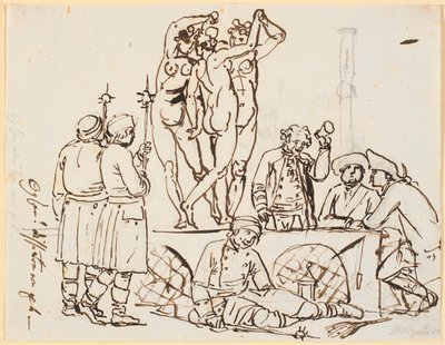 Satire darüber, dass die Polizei und die Lotterie im Charlottenborg zusammen mit der Kunstakademie untergebracht waren. Leute von der Lotterie und Wächter sind zusammen mit den drei Grazien zu sehen von Nicolai Abildgaard