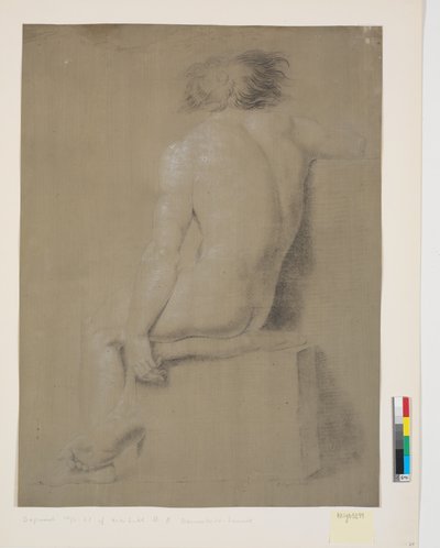 Sitzendes Modell auf hohem Sockel mit Kissen. Von hinten gesehen. Rechter Arm abgeschnitten. Linker Arm herabhängend. Beine gekreuzt von Nicolai Abildgaard