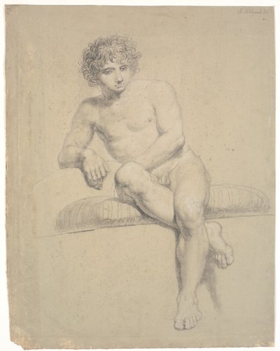 Sitzendes Modell auf niedriger Plinthe mit Kissen. Von vorne gesehen. Gekreuzte Beine von Nicolai Abildgaard