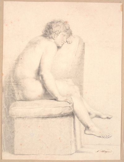 Sitzendes Modell auf Sockel mit Kissen. Profil rechts. Kopf auf linken Arm gestützt. Beine erreichen nicht den Boden von Nicolai Abildgaard