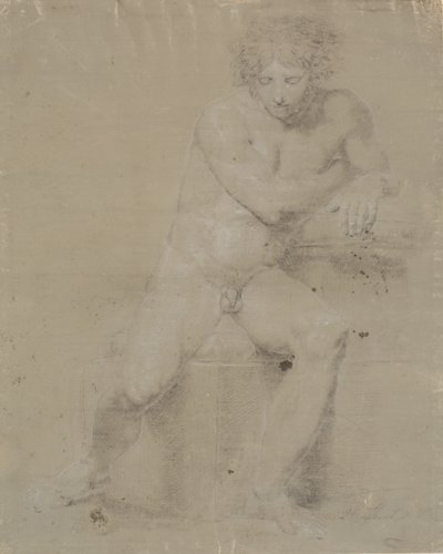 Sitzendes Modell auf Plinthe mit Kissen. Von vorne gesehen. Rechte Hand unter der linken Achselhöhle von Nicolai Abildgaard