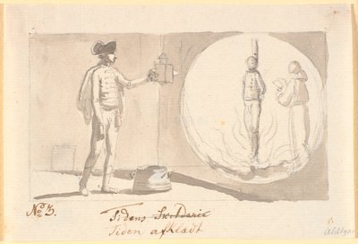 Die Zeit entkleidet. Ein Husarenoffizier mit einer Laterna magica zeigt ein Bild eines Sünders auf dem Scheiterhaufen und daneben ein Mönch, der Gebete liest von Nicolai Abildgaard