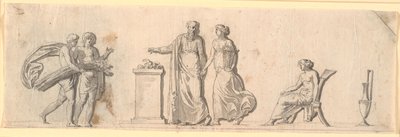 Entwurf für eine Dekoration eines Feldes, vermutlich eine bemalte Holzplatte auf einem Möbel. Antike Figuren mit Blumenkörben und Garben an einem Altar von Nicolai Abildgaard