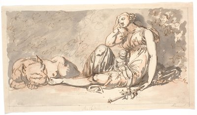 Entwurf für ein Türstück. Der Schlaf, eine liegende Frauenfigur mit einem kleinen Kind und zu ihrer rechten Seite ein Löwe von Nicolai Abildgaard
