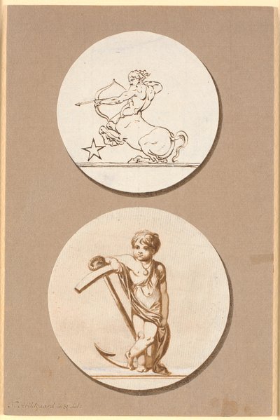 Entwurf für zwei kreisrunde Reliefs, oben ein Bogenschießender Zentaur, unten ein kleiner Junge, der sich an einen Anker lehnt von Nicolai Abildgaard