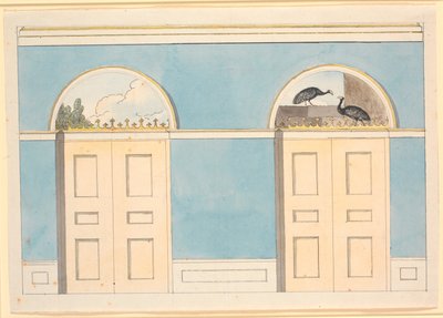 Entwurf für Wanddekoration mit halbrunden Feldern über zwei Türen, auf blauen Wänden von Nicolai Abildgaard