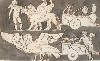 Geflügelte Knaben bei den Wagen von Apollo und Jupiter, gezogen von Greifen und Adlern von Nicolai Abildgaard